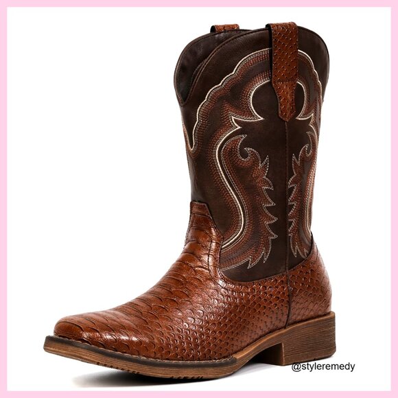 Men's Faux Snake Skin Embroidered Western Boots Slip Resistant Square Toe